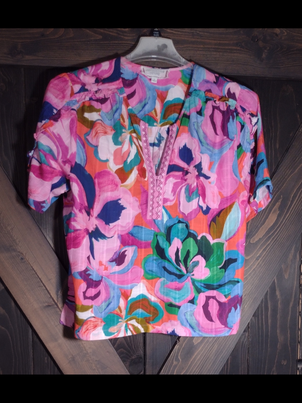 Johnny Was Pink Multicolor Floral Short Sleeve Tunic